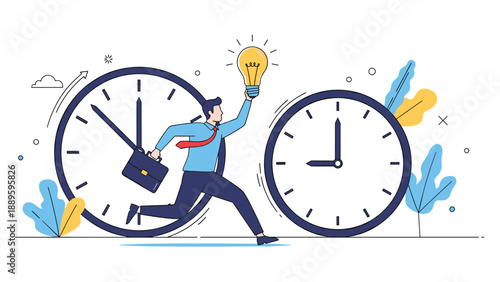 Motivated entrepreneur runs between two large clocks while holding a glowing lightbulb to symbolize innovation under tight time constraints.