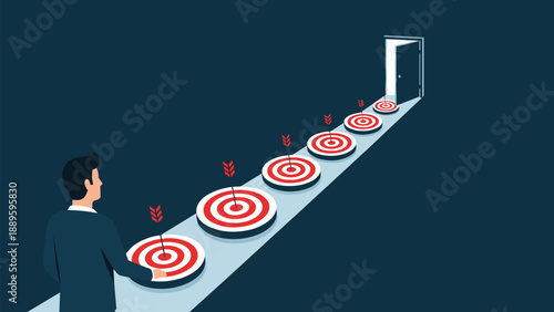 Professional businessman observes a series of targets forming a path toward an open door to illustrate a clear roadmap to career success.