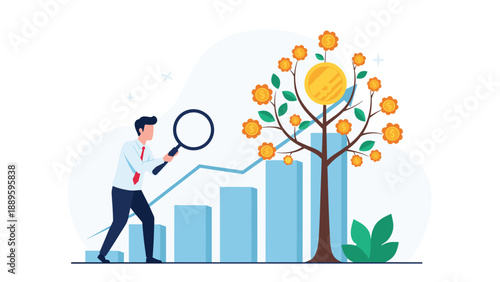 Financial analyst uses a magnifying glass to inspect a money tree growing next to a rising bar graph representing long term wealth growth.