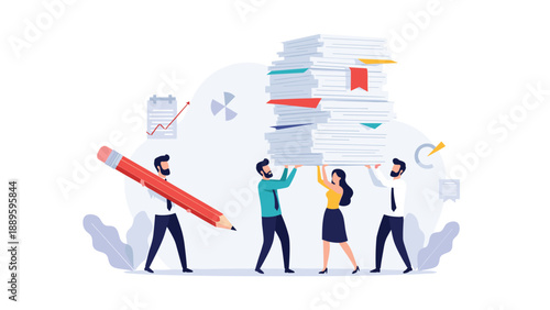 Dedicated team of office workers carries a massive stack of papers and a giant pencil to represent a heavy workload and documentation tasks.