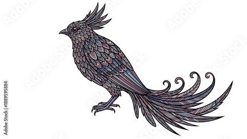 Stylized Dark Bird Illustration with Elaborate Feather Detail