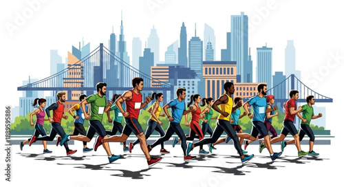 Diverse group of runners participating in a city marathon race.