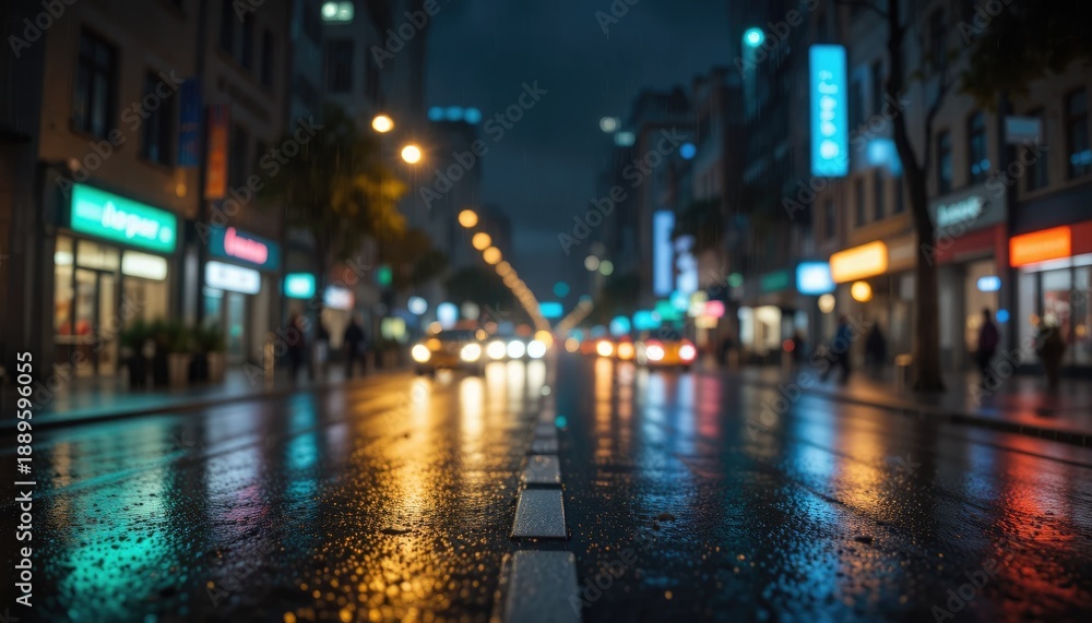 Obraz premium A street photo with an urban lifestyle backdrop and blurry city lights reflected on wet asphalt during a nighttime rainstorm. Superior quality