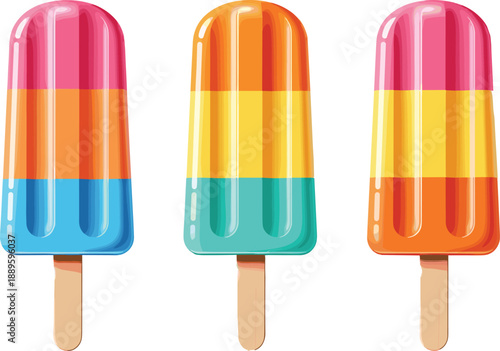 Colorful layered popsicles set with vibrant striped flavors representing refreshing summer frozen desserts fun treats and playful flat vector illustration