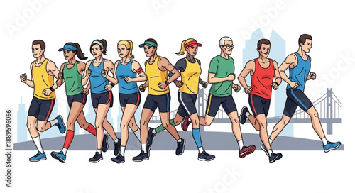 Diverse group of runners participating in a city marathon race.