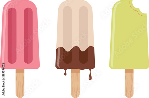 Minimal popsicle set with strawberry chocolate and pistachio flavors including bitten ice pop representing summer frozen desserts flat vector illustration