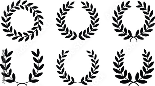 Classic collection of black silhouette laurel wreaths and branches for award and achievement designs