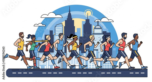 Diverse group of runners participating in a city marathon race.