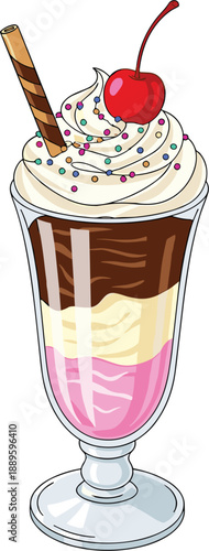 Tall ice cream sundae dessert glass with whipped cream cherry wafer and colorful sprinkles sweet cafe treat flat vector illustration