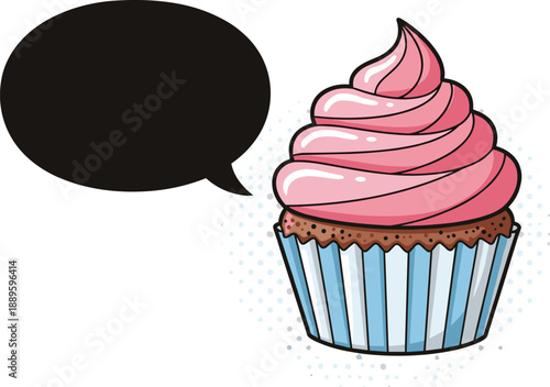 Cute cupcake with pink frosting and empty speech bubble perfect for bakery promotion dessert quotes social media message and playful food design flat vector illustration