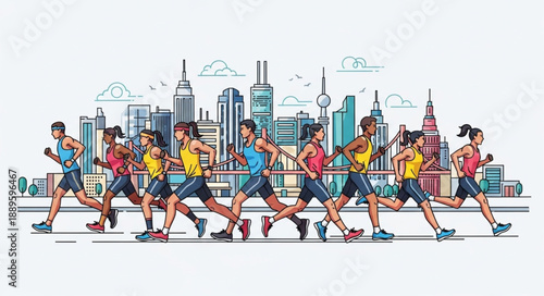 Diverse group of runners participating in a city marathon race illustration.