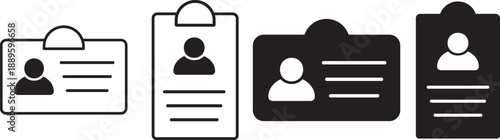 Minimalist ID card icons. Professional employee badge and identity symbols. Modern web UI user profile elements. Clean line art identification icons.