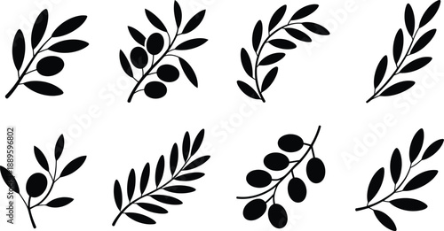 Elegant black silhouette olive branch and leaf sprig vector illustrations, ideal for various design projects