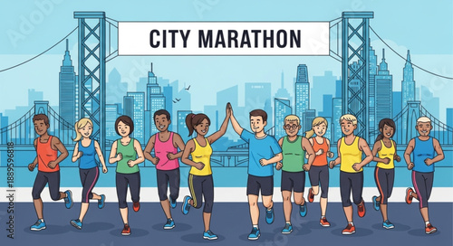 Diverse Group of Runners Participating in a City Marathon Event.