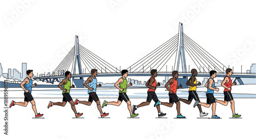 Diverse group of runners participating in a city marathon race.