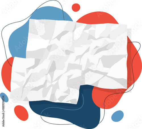 Illustration of a crumpled white paper sheet over abstract red white and blue shapes