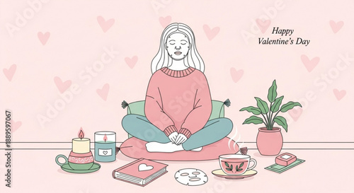 Woman meditating peacefully at home surrounded by self-care items a cozy Valentines Day concept for relaxation and wellness