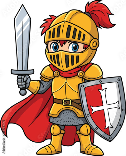 Cute cartoon knight illustration, brave medieval warrior character holding sword and shield, friendly fantasy hero mascot for kids game logo vector design
