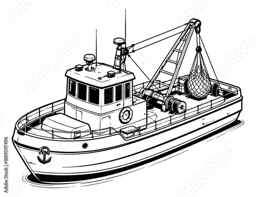 Hand drawn line art illustration of a fishing boat depicting a fishing net for commercial fishing