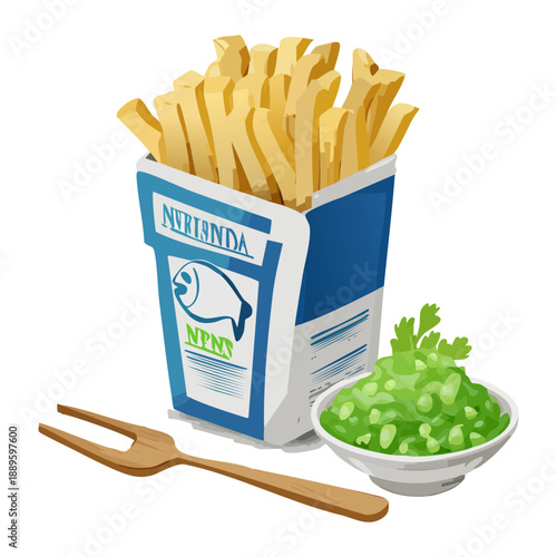 Crispy french fries in paper box served with mushy green peas for classic snack meal - Vector Illustration