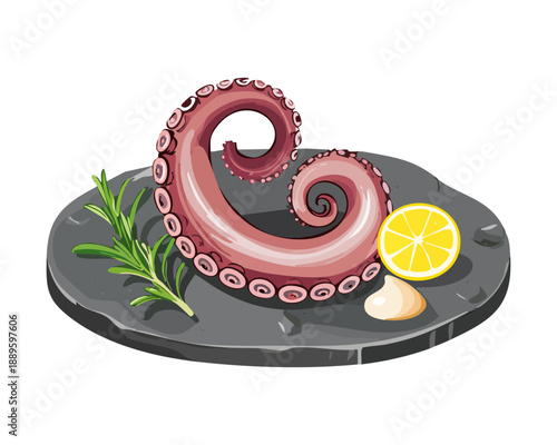 Seafood appetizer featuring boiled octopus leg served with fresh lemon and herbs on stone tray - Vector Illustration
