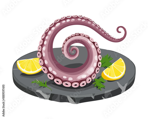Gourmet cooked octopus tentacles with lemon slices and rosemary garnish on black stone plate - Vector Illustration