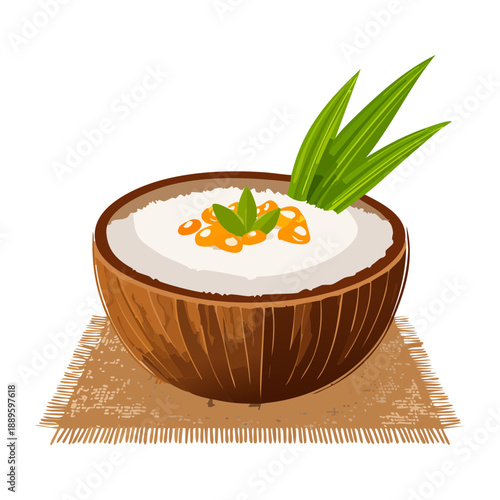 Sweet coconut milk dessert served in a natural coconut shell bowl with green pandan leaf - Vector Illustration