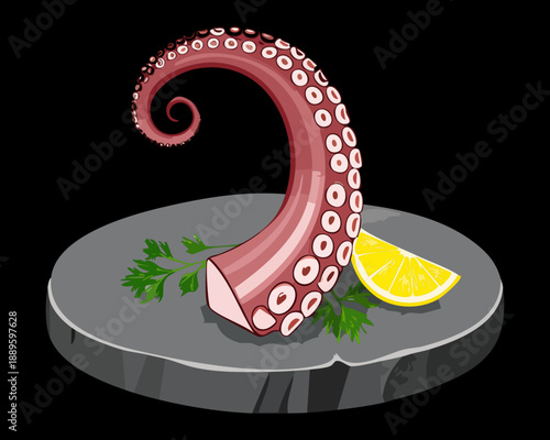 Cooked octopus leg served on dark plate with lemon and rosemary for gourmet seafood appetizer - Vector Illustration