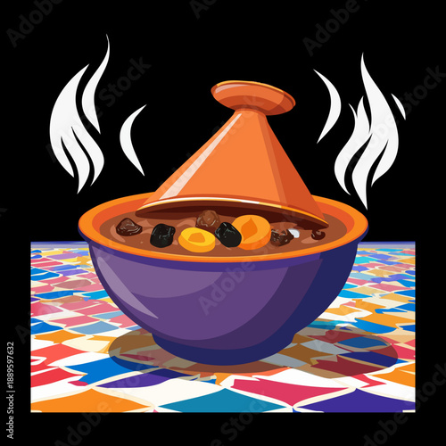 Hot moroccan vegetable tagine with dried plums and olives served in a traditional clay pot - Vector Illustration