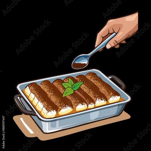Pouring dark chocolate sauce over a tray of freshly prepared creamy tiramisu layers with herbs - Vector Illustration