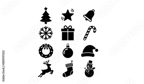 Black Christmas Silhouette Icon Set with Classic Holiday Symbols