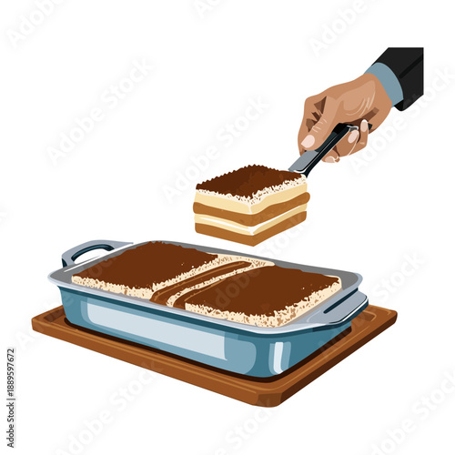 Serving a portion of sweet tiramisu cake with chocolate layers and cream from baking pan - Vector Illustration