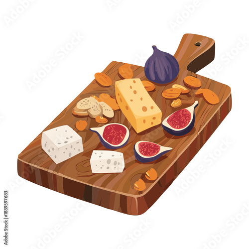 Rustic wooden platter filled with various premium cheeses fresh figs almonds and dried fruit snacks - Vector Illustration