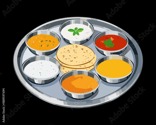 Round indian meal platter featuring multiple bowls of curry and fresh handmade roti flatbread - Vector Illustration