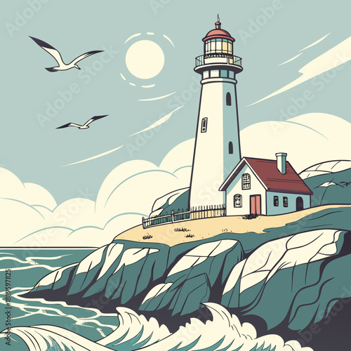 Iconic Coastal Lighthouse Under Bright Summer Sky Vector Art