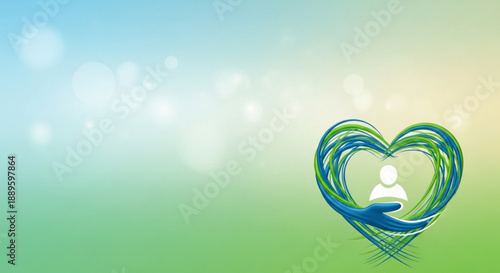 Abstract heart shape formed by swirling green and blue lines cradling a human silhouette icon symbolizing care and health with a soft bokeh background