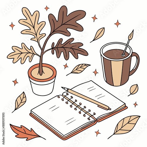 Cozy Autumn Desk Scene with Plant and Notebook Flat Lay