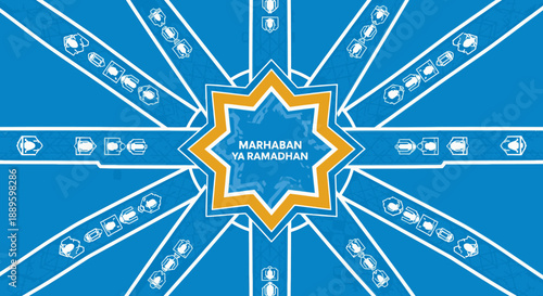 A vibrant blue and orange graphic design featuring 'Marhaban Ya Ramadhan' within a star motif, perfect for Islamic holiday greetings and festive banners.