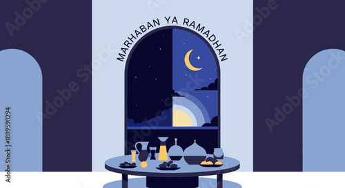 An elegant illustration portraying the spiritual journey of Ramadan, with a window showcasing the transition from day to night and a table set for Iftar.