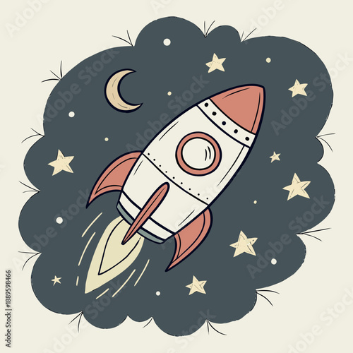 Rocket Craft Floating in Starry Night Sky - Childhood Dream