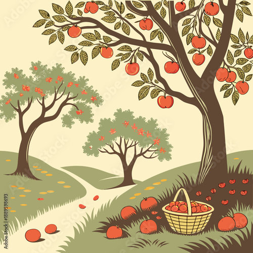 Orchard Landscape with Fruit Laden Tree Shapes, Harvest Season