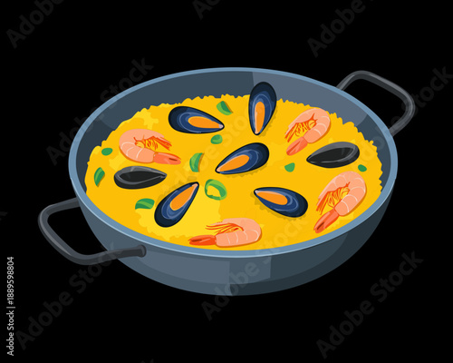 Traditional seafood paella with mussels and shrimp in a large black pan for dinner - Vector Illustration