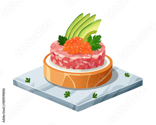 Sliced bread topped with avocado cream and red caviar for a luxurious snack option - Vector Illustration