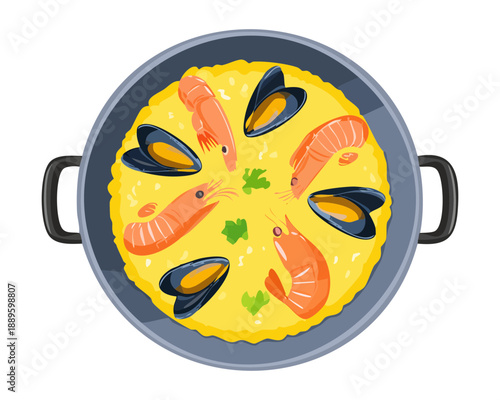 Spanish seafood paella with mussels and shrimp served in a traditional black cooking pan - Vector Illustration