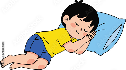 Cute sleeping baby boy cartoon illustration with pillow, peaceful child nap concept for parenting, bedtime routine, nursery design, kids education vector artwork