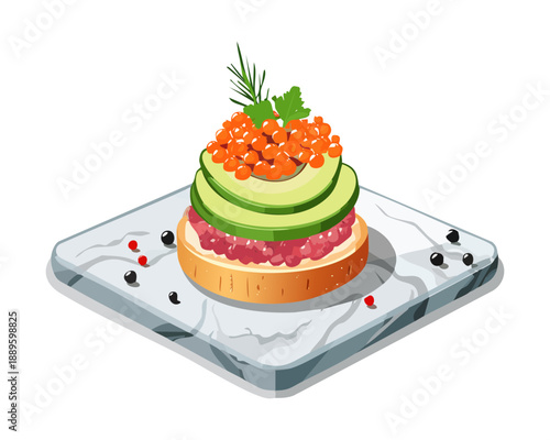 Gourmet appetizer with cream and red caviar served on a marble stone platter - Vector Illustration