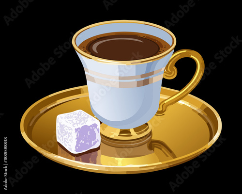 Classic cup of tea or coffee with a sugar cube on a golden saucer - Vector Illustration
