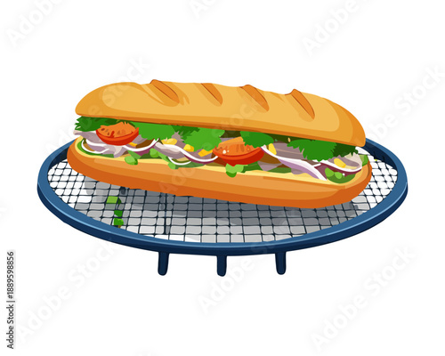Healthy baguette sandwich with lettuce and tomatoes served on a metal grid tray - Vector Illustration