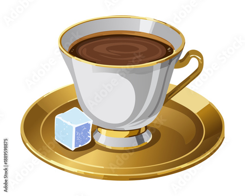Cup of coffee or tea served on a golden saucer for a classic break - Vector Illustration