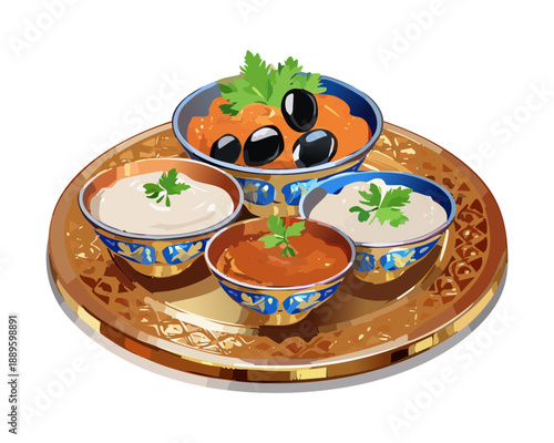 Assorted appetizers and dips served on a decorative golden tray for a party snack - Vector Illustration